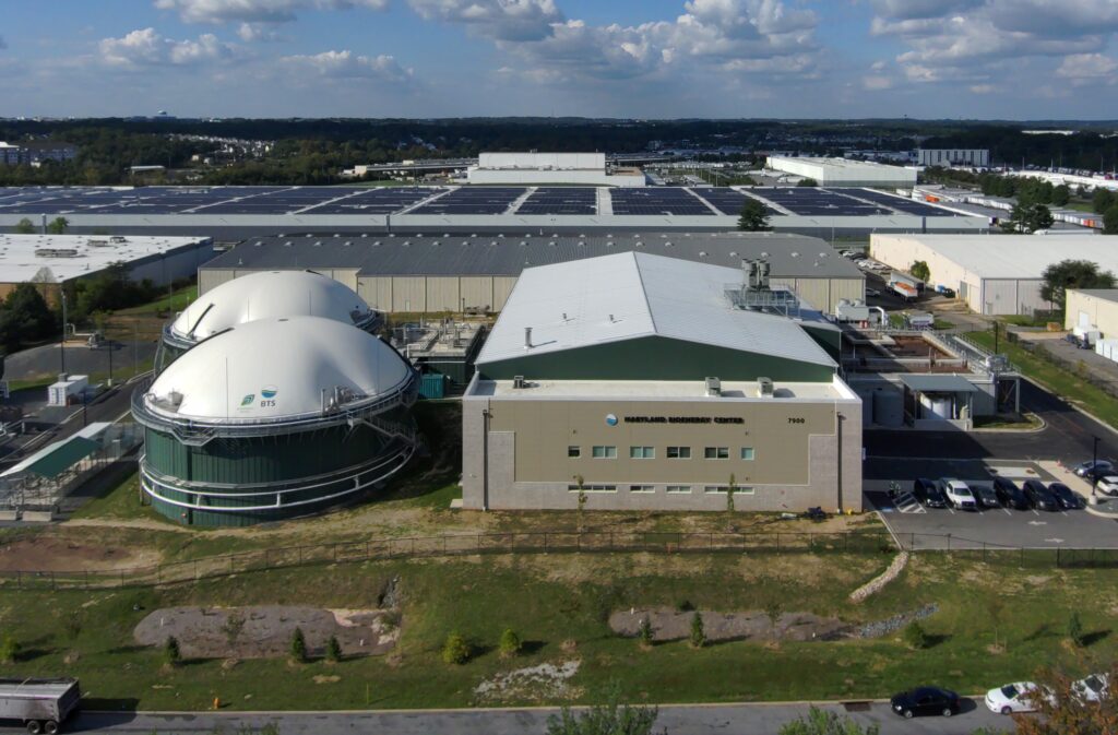Maryland Bioenergy Center Digesters and Admin building infront of the Maryland Food Center Authority in Jessup, MD